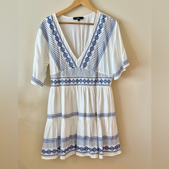 Lulu's White and Blue Embroidered Mini Dress - Picture 2 of 5
